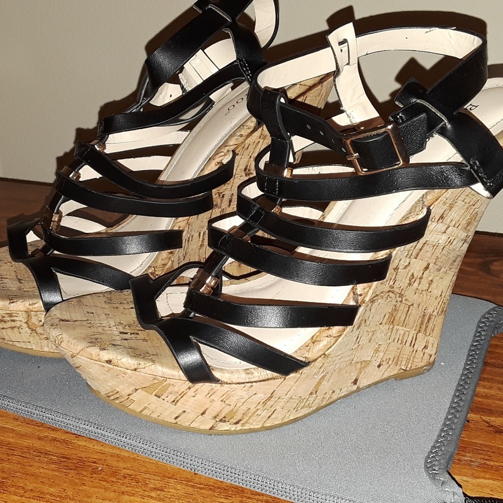 Black and gold wedge sandals